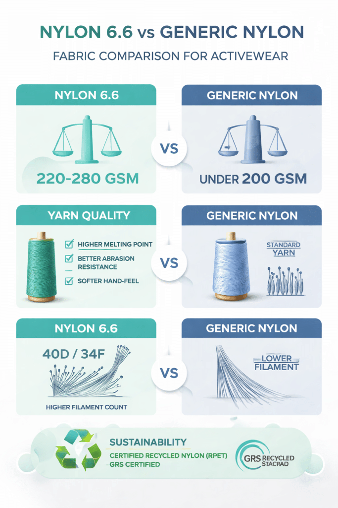 Comparison of fabric technical parameters between Nylon 6.6 and Generic Nylon for private label activewear manufacturers in Australia, highlighting GSM, yarn quality, filament count, and sustainability features